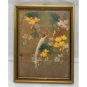 Vintage Print signed ANA Bird Flowers framed under glass